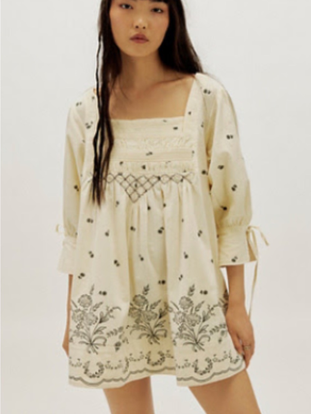Free People Cream Peasant Blouse with Black Floral Embroidery